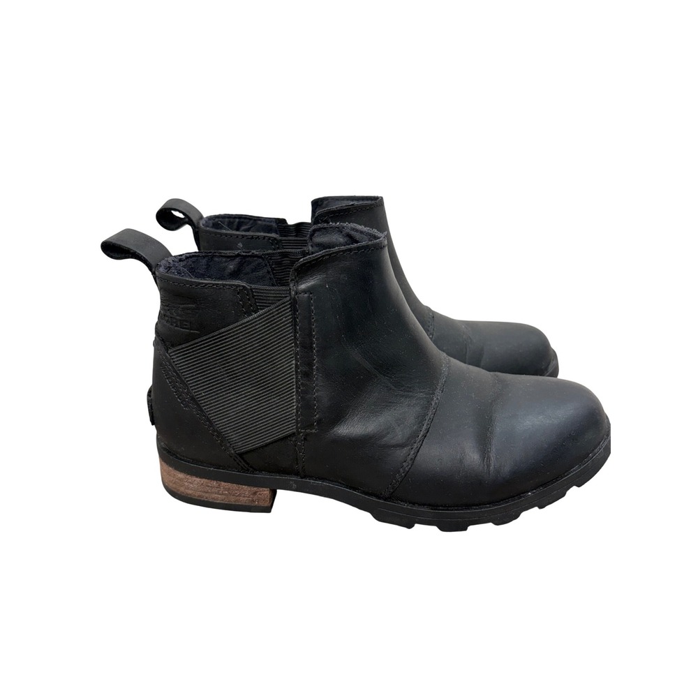 Sorel Emelie Chelsea Waterproof Black Leather Ankle Boots Womens 6.5